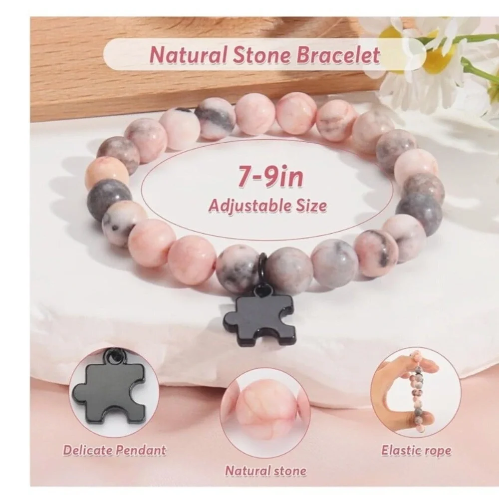 Teacher Appreciation Natural Pink Stone‎ Beaded Bracelet with Puzzle Piece Charm